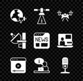 Set World news, Satellite, Drone, Live stream, Television report, Microphone, Radar and News icon. Vector