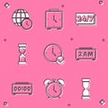 Set World time, Alarm clock, Clock 24 hours, Old hourglass, Digital alarm, and icon. Vector Royalty Free Stock Photo