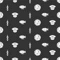 Set Worldwide, Pilot hat, Rocket and Airship on seamless pattern. Vector Royalty Free Stock Photo