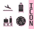Set Worldwide, Plane landing, Airport conveyor belt with suitcase and Suitcase icon. Vector Royalty Free Stock Photo