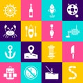 Set Worm, Knife, Spinning reel for fishing, Fishing lure, Kayak canoe, Crab, Ship steering wheel and spoon icon. Vector Royalty Free Stock Photo