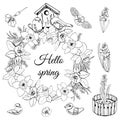Set of wreath of spring flowers, nesting box and little birds. Hand drawn monochrome sketch isolated on white background Royalty Free Stock Photo