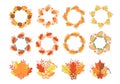 Set of wreaths and bunches of colorful autumn leaves and flowers. Fall round frames. Thanksgiving day decorations