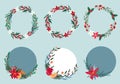 Set of wreaths and floral compositions with winter flowers - poinsettia, holly. Christmas and New Year holiday frame templates