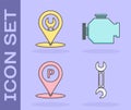 Set Wrench, Car service, Location with parking and Check engine icon. Vector Royalty Free Stock Photo