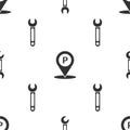 Set Wrench, Location with parking and Wrench on seamless pattern. Vector