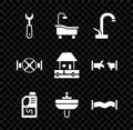 Set Wrench spanner, Bathtub, Water tap, Drain cleaner bottle, Washbasin, Industry metallic pipe, and valve and supply