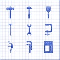 Set Wrench spanner, Clamp tool, Cement bag, and screw, Hand drill, Metallic nail, Putty knife and Sledgehammer icon