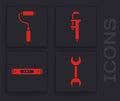 Set Wrench spanner, Paint roller brush, Calliper or caliper and scale and Construction bubble level icon. Vector