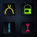Set Wrench spanner, Pliers tool, Chisel tool for wood and Paint bucket. Black square button. Vector