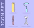Set Wrench spanner, Ruler, Chisel tool for wood and Paint roller brush icon. Vector