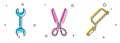 Set Wrench spanner, Scissors and Hacksaw icon. Vector Royalty Free Stock Photo