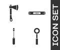 Set Wrench spanner, Wooden axe, Screwdriver and Construction bubble level icon. Vector