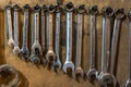 Set of wrenches tools hanging on a wall Royalty Free Stock Photo