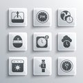 Set Wrist watch, Clock 24 hours, Alarm clock app mobile, Calendar summer, Kitchen timer, Sunrise and World icon. Vector