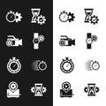 Set Wrist watch setting, Video camera, Time management, Hourglass, and Stopwatch icon. Vector Royalty Free Stock Photo