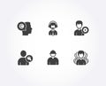 Writer, Support and Shipping support icons. Engineer, Find user and Group signs.