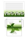 A set for writing a letter. Decorated with flowers horizontal sheet of paper and envelope. Green gradient and calla lilies. Templa