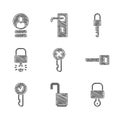 Set Wrong key, Open padlock, Lock and, Key, broke inside of, Locked and Create account screen icon. Vector