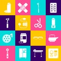 Set X-ray shots, Bedpan, Inhaler, Toothbrush, Blood pressure, Medical otoscope tool, and scissors icon. Vector Royalty Free Stock Photo