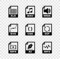 Set XLS file document, WAV, WMA, MP4, AI and MP3 icon. Vector Royalty Free Stock Photo