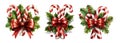 set Xmas candy cane with bow and a holly berries