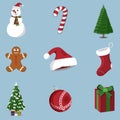 Set of 9 XMas icon. Cartoon style. Vector Illustration for Chris