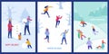 Set of Xmas Party Card or Invitation Poster. People characters on sledges, making snowman, playing in snow, celebrating Royalty Free Stock Photo