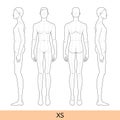 Set of XS size Men Fashion template 9 nine head size Croquis Gentlemen model skinny body figure front, side, back view.