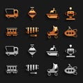 Set Xylophone, Robot toy, Submarine, Roller skate, Passenger train cars, Toy boat, truck and Whirligig icon. Vector