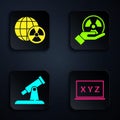 Set XYZ Coordinate system, Planet earth and radiation, Telescope and Radioactive. Black square button. Vector