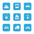 Set Yacht sailboat, Delivery cargo truck, Taxi, Train and railway, Hatchback and Cruise ship icon. Vector