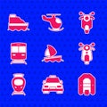 Set Yacht sailboat, Taxi car, Rafting, Scooter, Tram and railway, Train, and Cruise ship icon. Vector