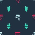 Set Yacht sailboat, Water gun and Swimsuit on seamless pattern. Vector