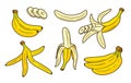 Set of yellow bananas flat isolated on white background