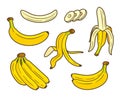 Set of yellow bananas flat isolated on white background