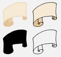 A set of yellow-brown scroll icons. A collection of scrolls in the style of doodles with a ribbon isolated by a black