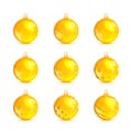 Set of yellow Christmas balls with golden pattern