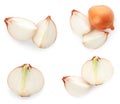 Set of yellow cut and whole onion on background, top view
