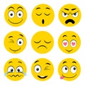 Set of yellow different emotion smile faces on white, stock vector illustration