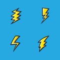 Set of Yellow Electric Lightning Bolt icons with shading effects on blue background.