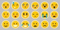 Set of yellow Emoticons. Isolated smile face. Emoji Mood on Gray background . Vector illustration characters for