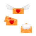Set of yellow envelopes with heart stamps and angel wings isolated on a white background