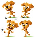 Set yellow funny dog playing soccer ball