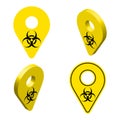 Set of yellow geolocation signs with bacteriological danger sign. Coronavirus pandemic concept and Covid-19 outbreak.