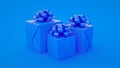 Set of blue gift boxes isolated on blue background. Minimalist creative concept. 3d illustration Royalty Free Stock Photo