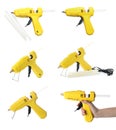 Set with yellow glue guns and sticks on white background