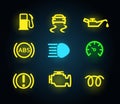 Set of yellow and green light car dashboard panel indicators, icons isolated, petrol, oil, engine, abs, brake, vector