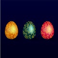 Set of yellow, green and pink easter eggs with a gold pattern