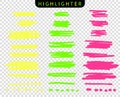Set of yellow, green, pink, strokes line markers. Vector highlight brush lines. Hand drawing sketch underlined, stripes. Royalty Free Stock Photo